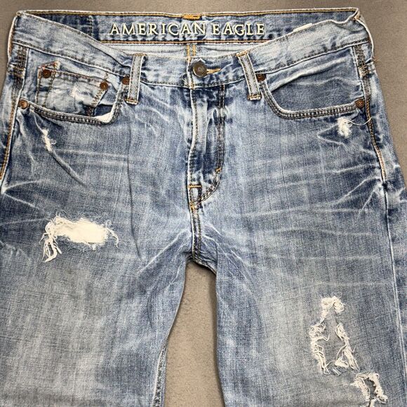 American Eagle Jeans Men 32x29 Blue Bootcut Ripped Stained Grunge American Denim - Picture 2 of 12